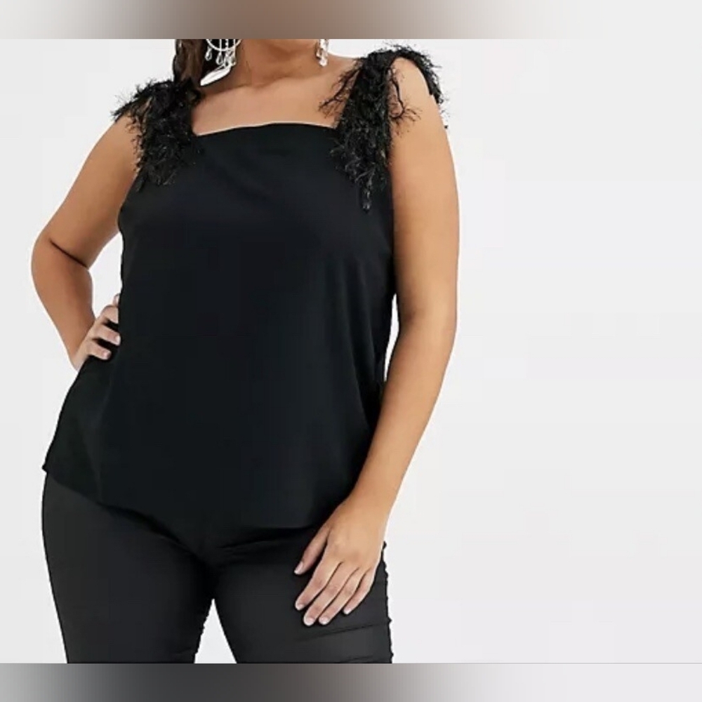 ASOS Curve Black Square Neck Cami With Feathered Straps Size 14